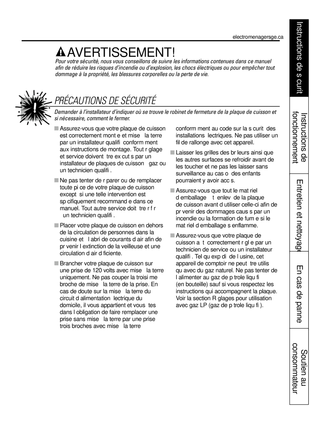 GE JGP326, JGP336 Précautions DE Sécurité, Instructions de sécurité, Entretien et nettoyage En cas de panne fonctionnement 