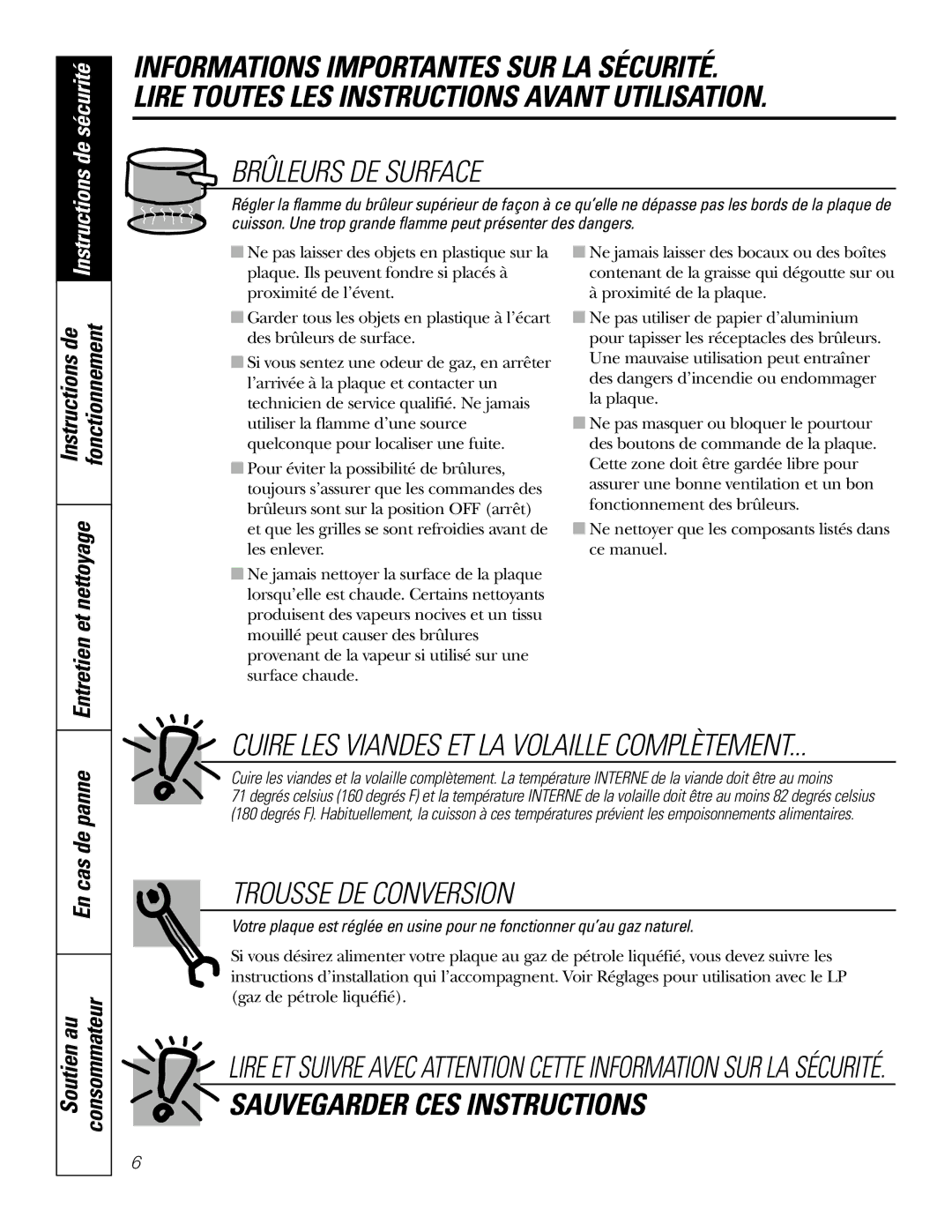 GE JGP930, JGP336, JGP326, JGP626, JGP960, JGP636 owner manual Trousse DE Conversion, En cas de panne Soutien au Consommateur 