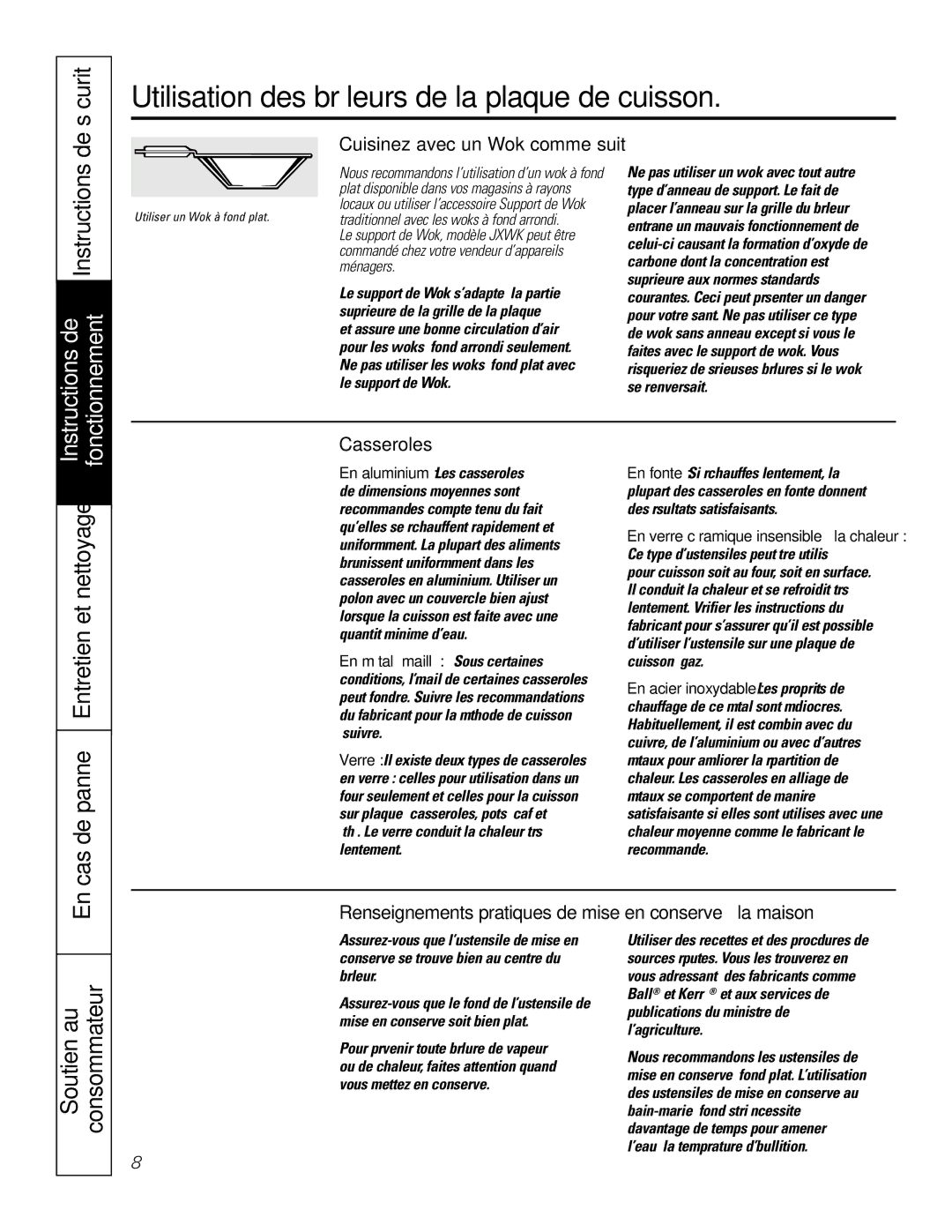 GE JGP336, JGP326, JGP626 Utilisation des brûleurs de la plaque de cuisson, Sécurité, Cas de panne Entretien et nettoyage 