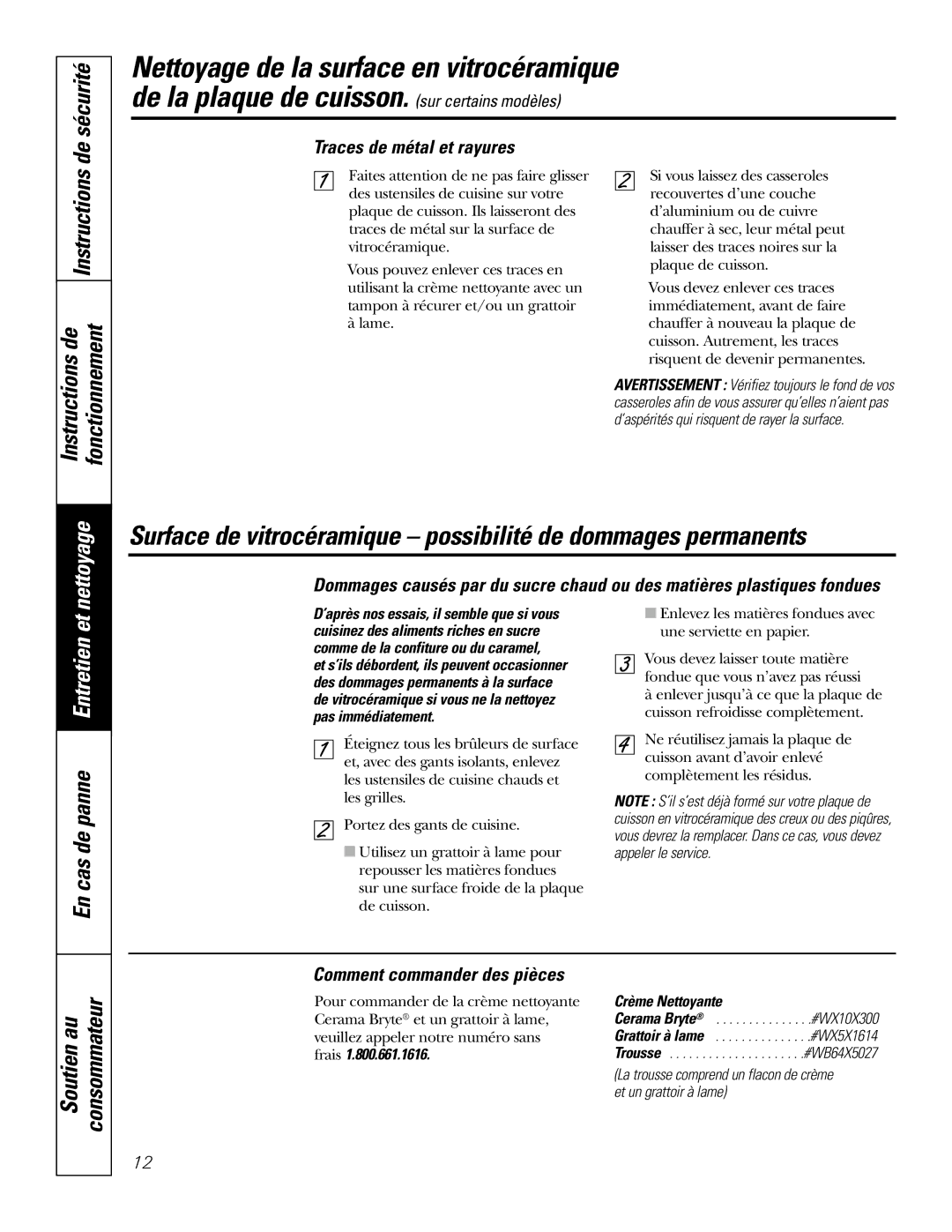 GE JGP930, JGP336, JGP326, JGP626 Nettoyage, Traces de métal et rayures, Comment commander des pièces, Crème Nettoyante 