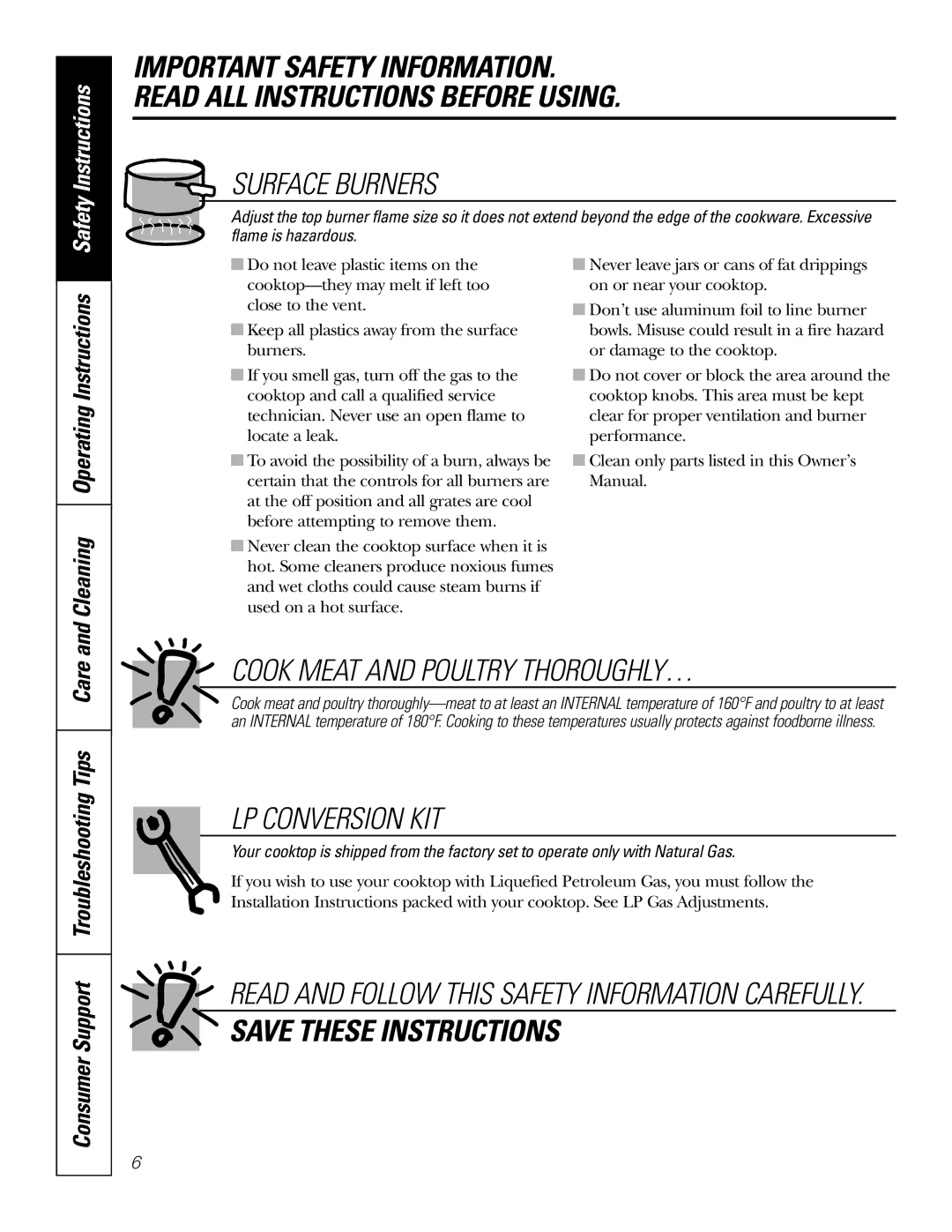 GE JGP336, JGP326, JGP626, JGP960, JGP930, JGP636 owner manual Cook Meat and Poultry THOROUGHLY…, LP Conversion KIT 