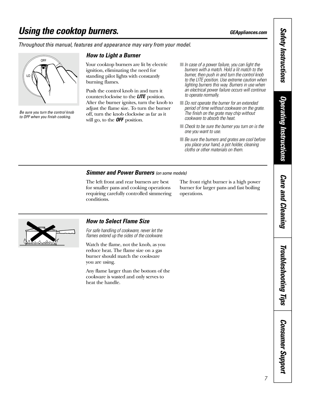 GE JGP326, JGP336, JGP626, JGP960 Using the cooktop burners, Safety, Care and Cleaning Troubleshooting Tips Consumer Support 