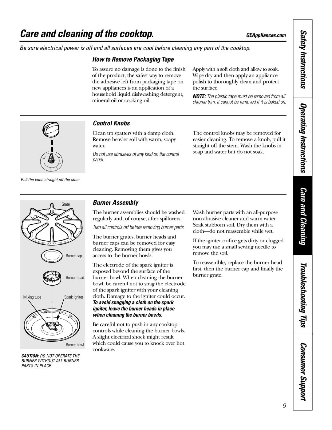 GE JGP960, JGP336, JGP326 Care and cleaning of the cooktop, How to Remove Packaging Tape, Control Knobs, Burner Assembly 