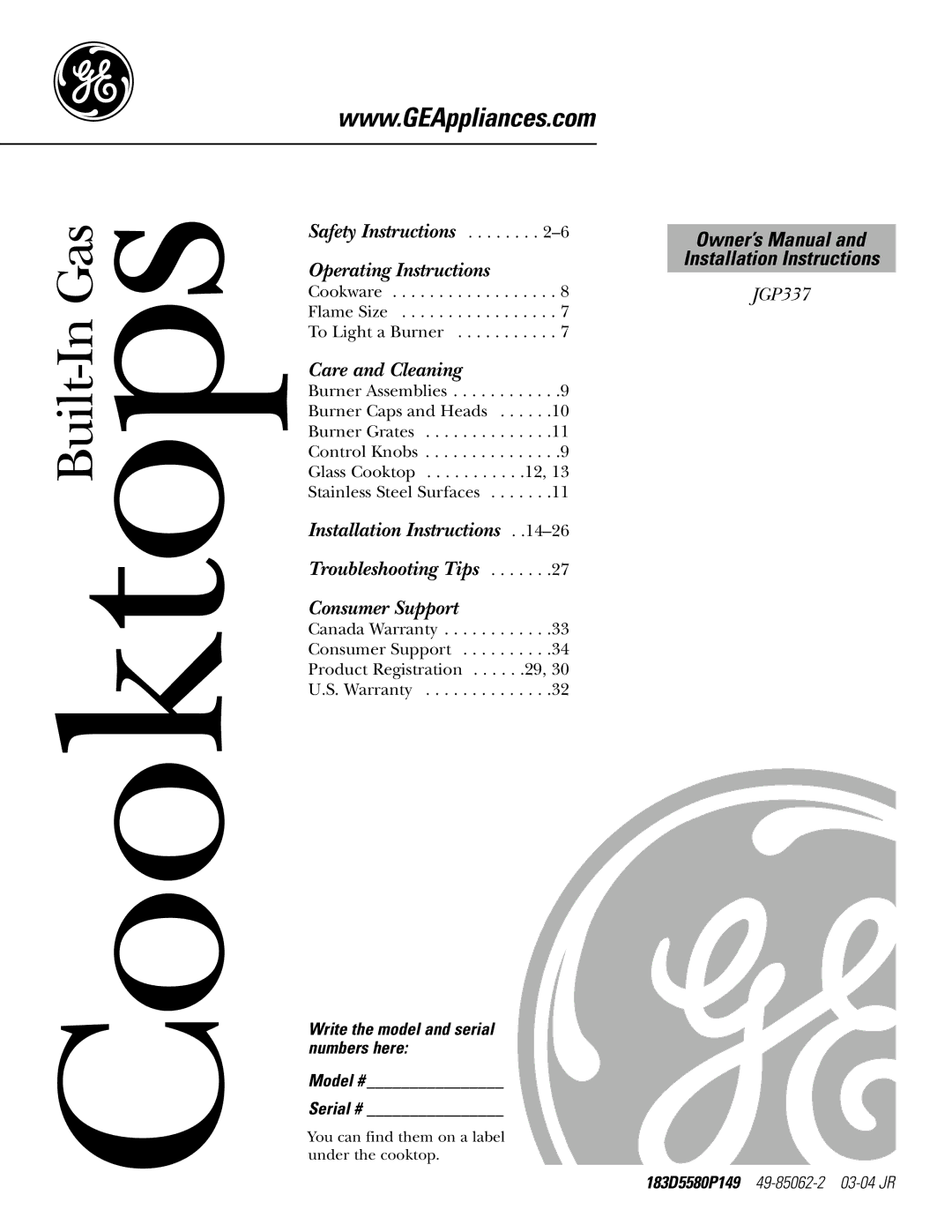 GE JGP337 operating instructions CooktopsBuilt-In Gas 