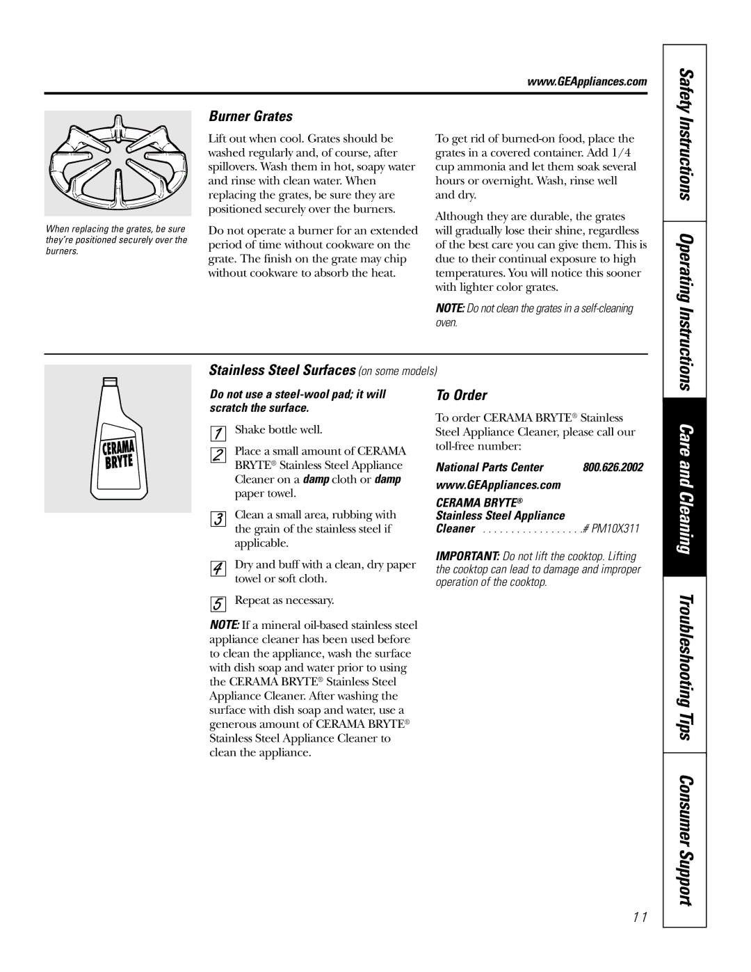 GE JGP337 operating instructions Burner Grates, To Order 