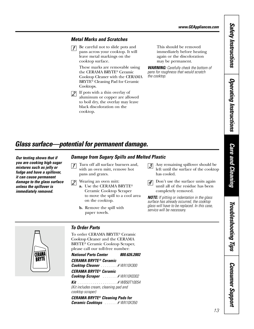 GE JGP337 Tips Consumer Support, Metal Marks and Scratches, Damage from Sugary Spills and Melted Plastic, To Order Parts 