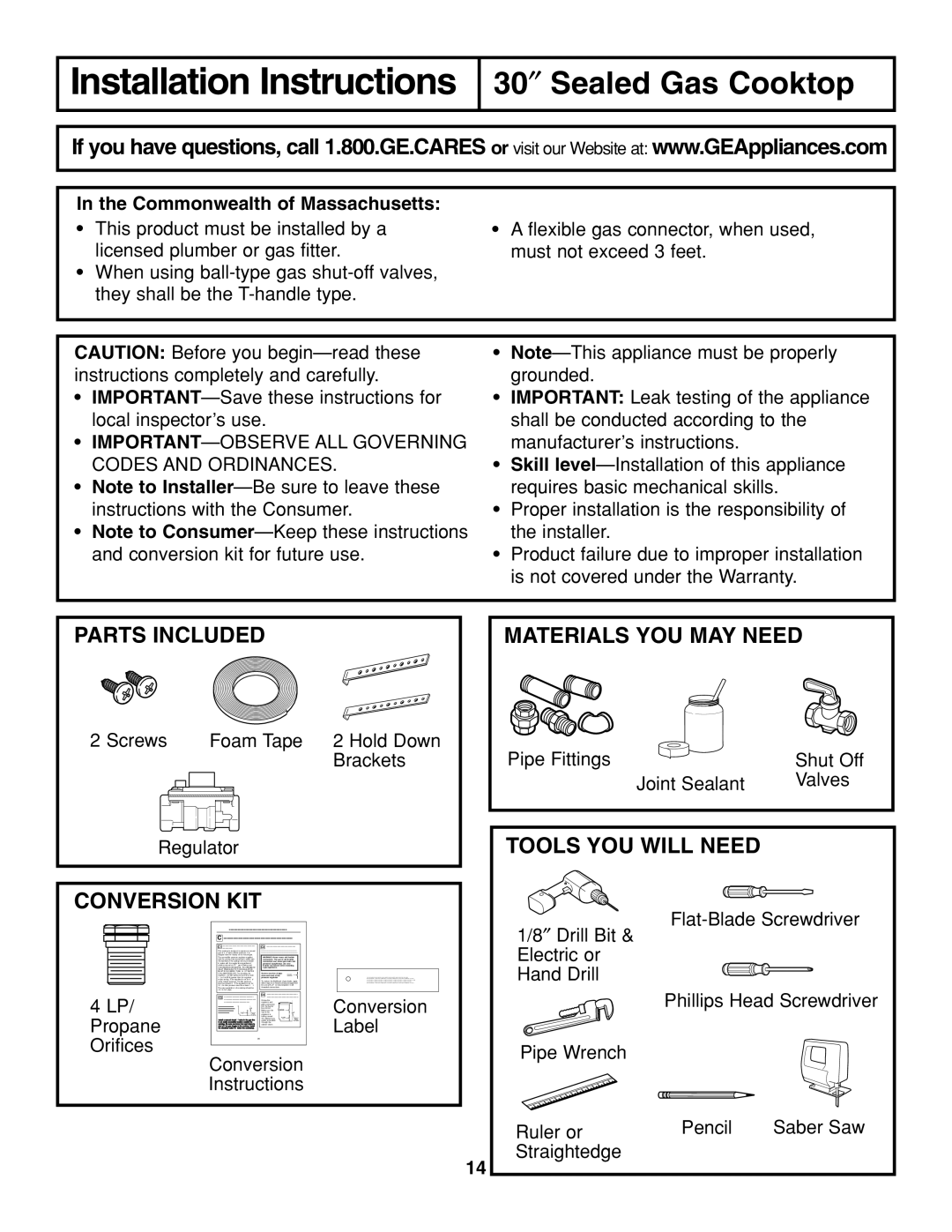 GE JGP337 operating instructions Installation Instructions 30″ Sealed Gas Cooktop, Commonwealth of Massachusetts 