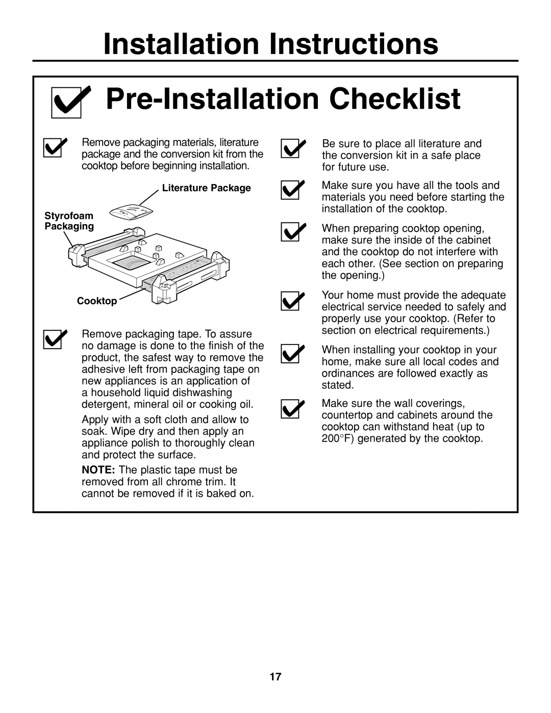 GE JGP337 operating instructions Installation Instructions Pre-Installation Checklist 