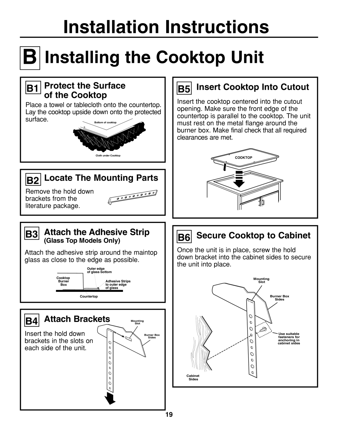 GE JGP337 B1 Protect the Surface Cooktop, B2 Locate The Mounting Parts, B5 Insert Cooktop Into Cutout, Attach Brackets 