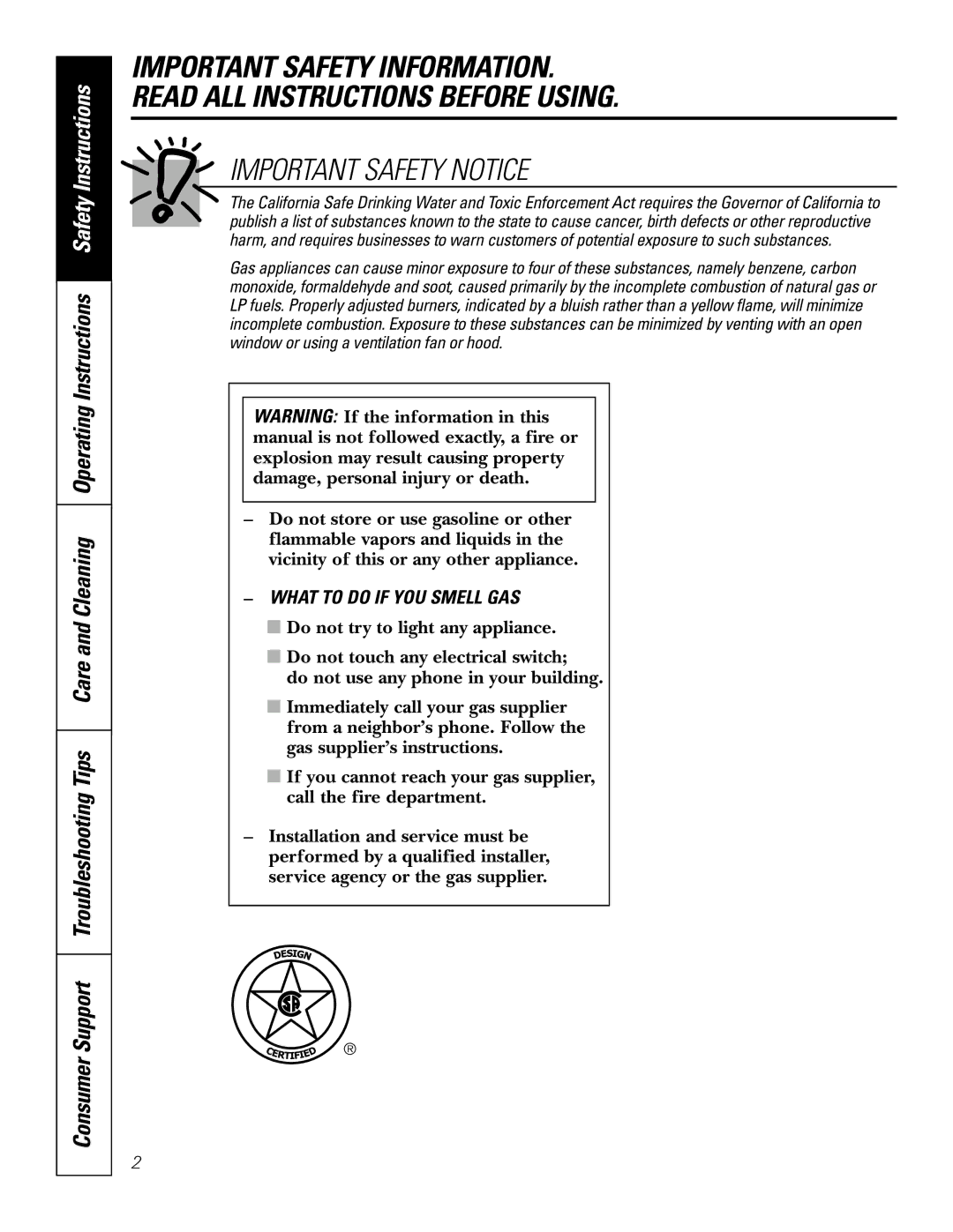 GE JGP337 operating instructions Important Safety Notice, What to do if YOU Smell GAS 