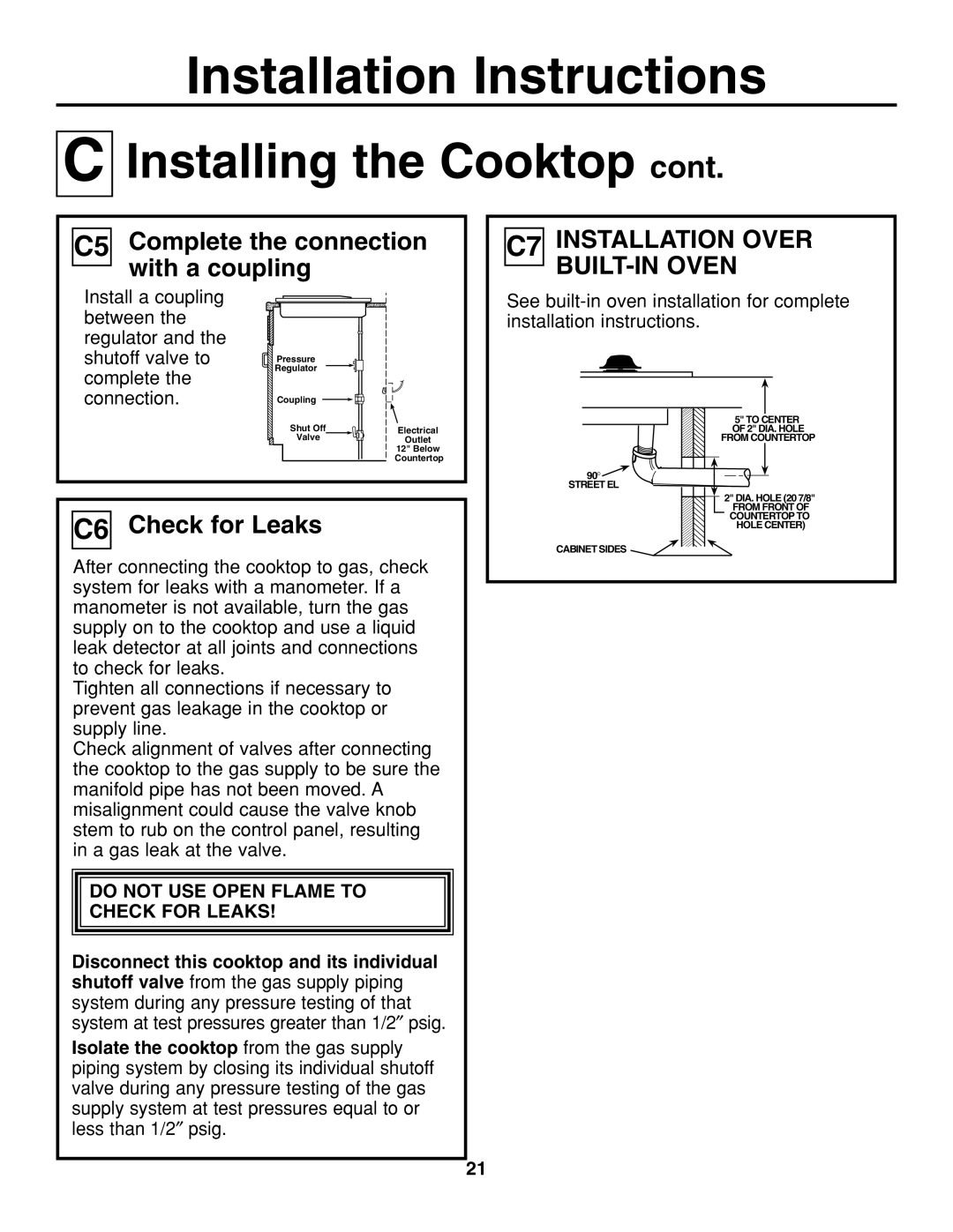 GE JGP337 operating instructions C5 Complete the connection with a coupling, C6 Check for Leaks 