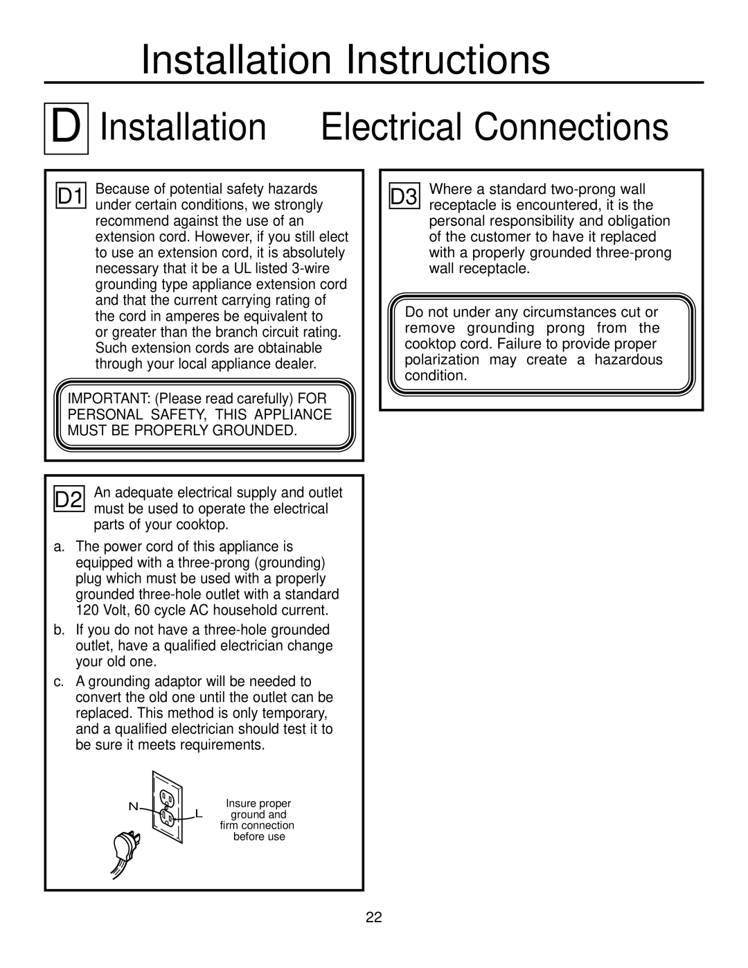 GE JGP337 operating instructions Installation-Electrical Connections 