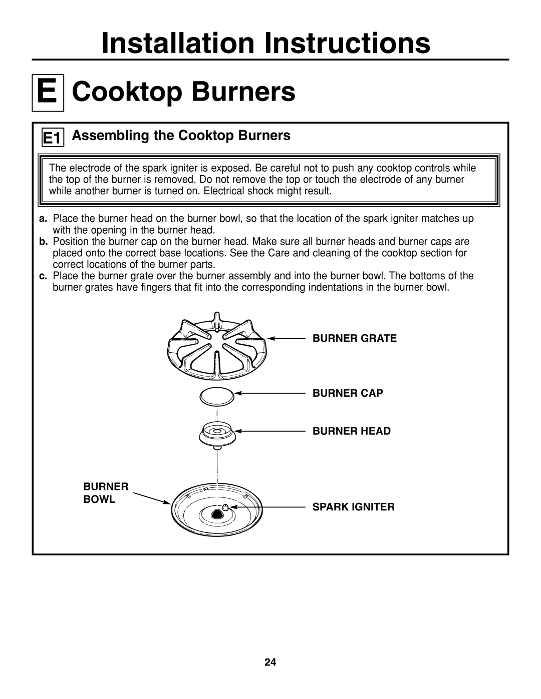 GE JGP337 operating instructions Assembling the Cooktop Burners 