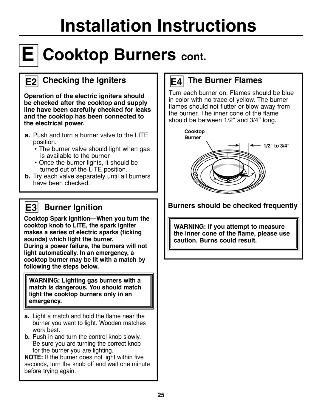 GE JGP337 operating instructions E2 Checking the Igniters, E3 Burner Ignition, E4 The Burner Flames 