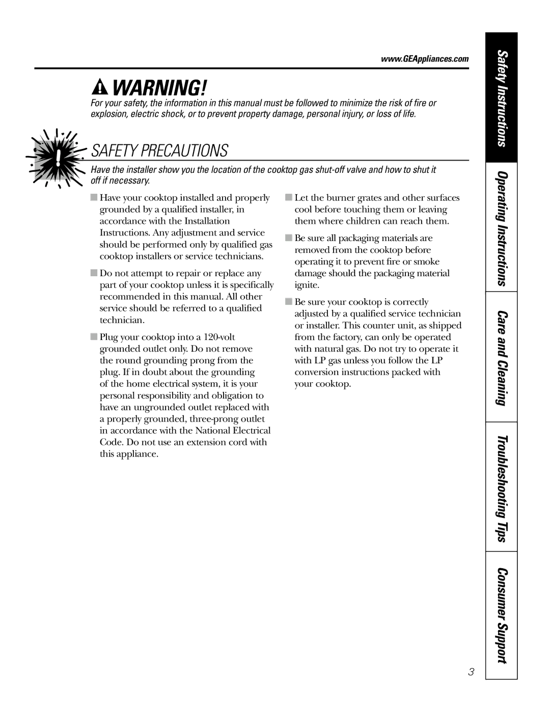 GE JGP337 operating instructions Safety Precautions, Safety Instructions 