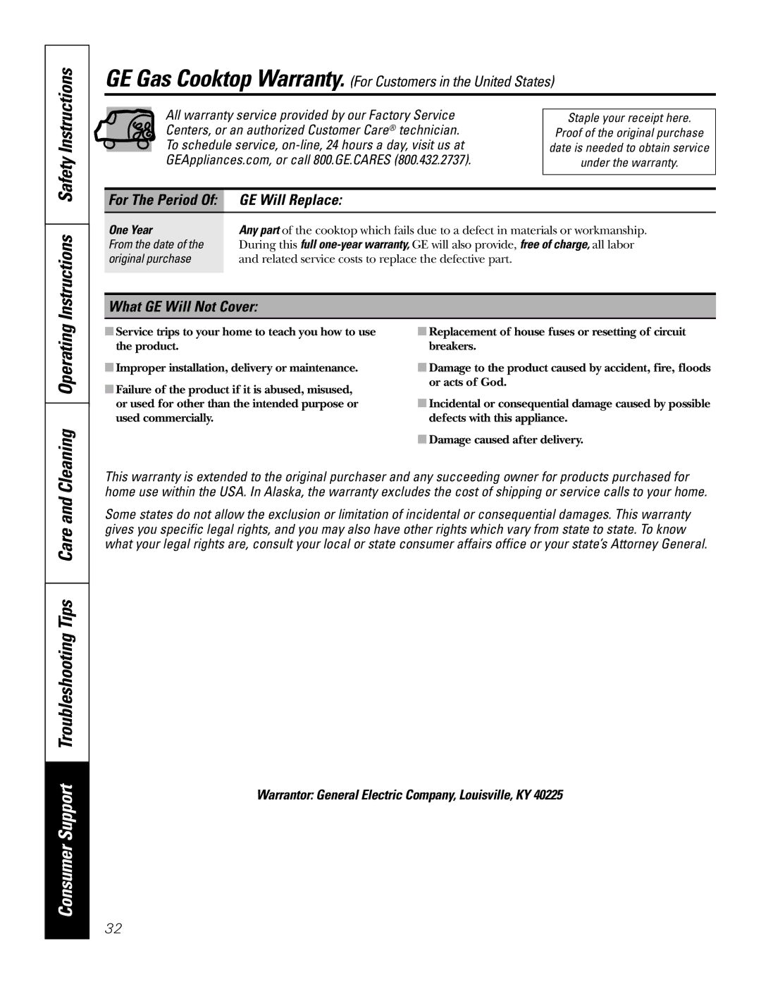 GE JGP337 Instructions Safety Instructions, Consumer Support Troubleshooting Tips Care, GE Will Replace 