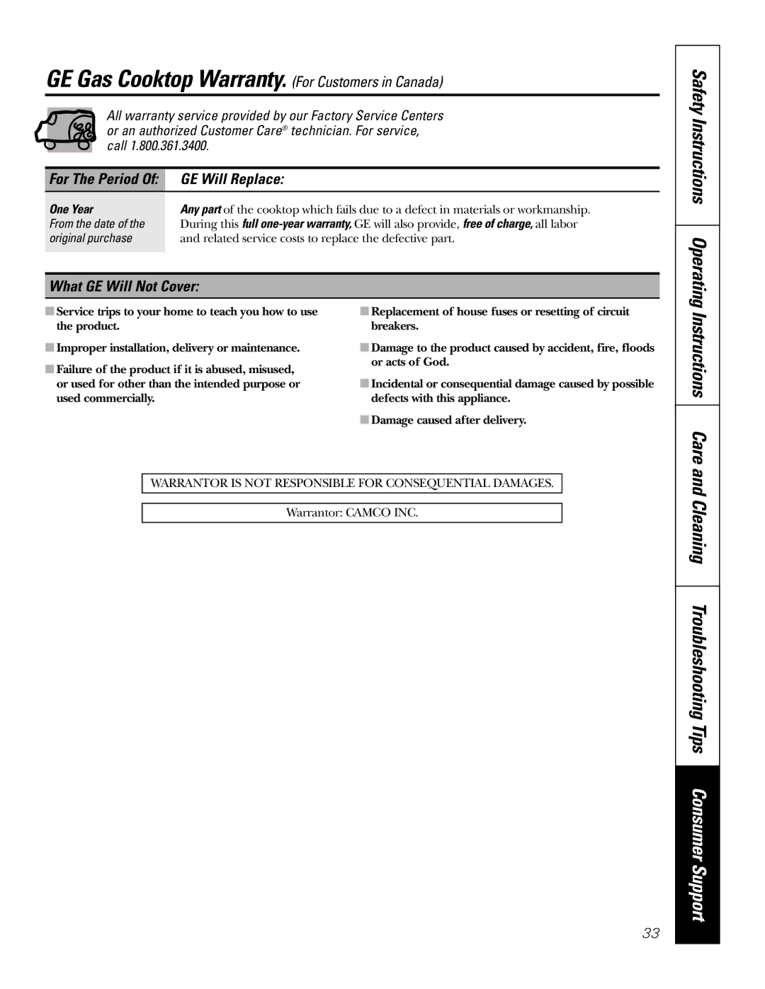 GE JGP337 operating instructions GE Gas Cooktop Warranty. For Customers in Canada, Instructions Care 