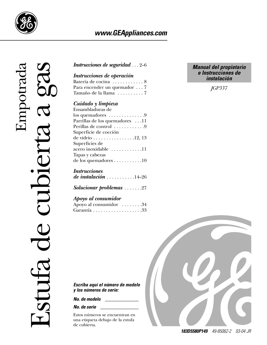 GE JGP337 operating instructions Estufa de cubierta a gas 