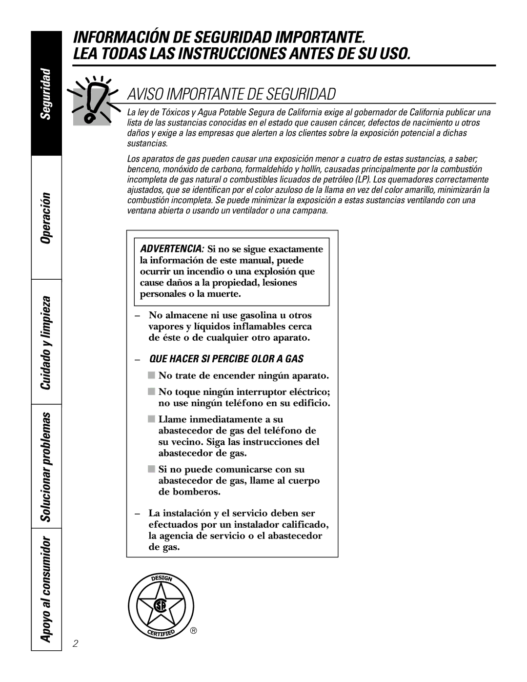 GE JGP337 operating instructions Aviso Importante DE Seguridad, QUE Hacer SI Percibe Olor a GAS 