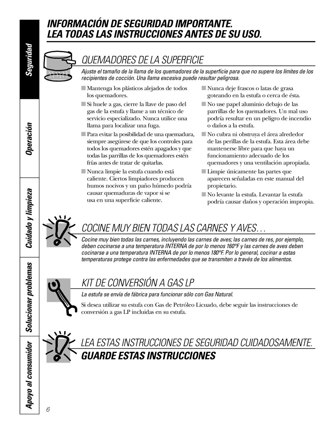 GE JGP337 operating instructions Cocine MUY Bien Todas LAS Carnes Y AVES…, KIT DE Conversión a GAS LP, Operación Limpieza 