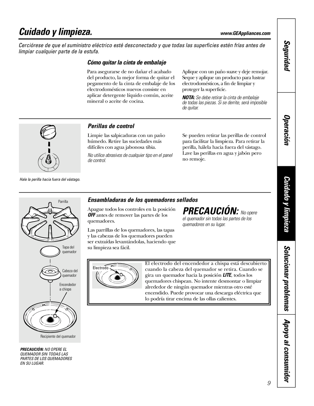 GE JGP337 Cuidado y limpieza, Precaución No opere, Cómo quitar la cinta de embalaje, Perillas de control 