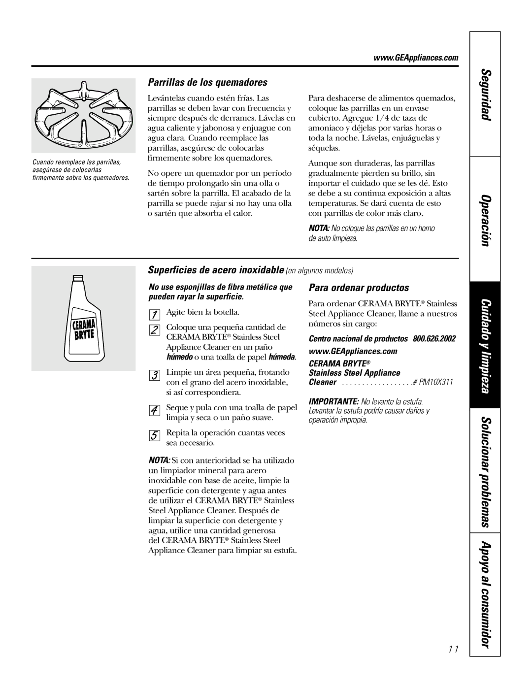 GE JGP337 Seguridad Operación, Parrillas de los quemadores, Superficies de acero inoxidable en algunos modelos 