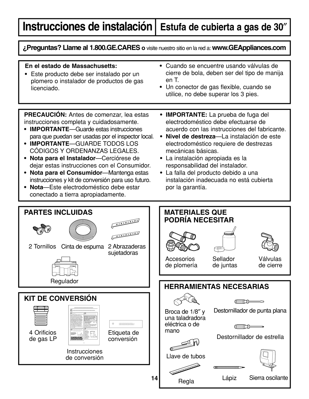 GE JGP337 En el estado de Massachusetts, Nota para el Instalador-Cerciórese de, Nota para el Consumidor-Mantenga estas 