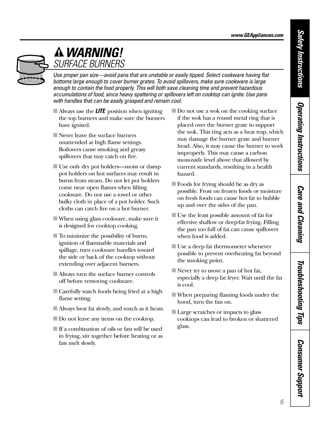 GE JGP337 operating instructions Surface Burners 