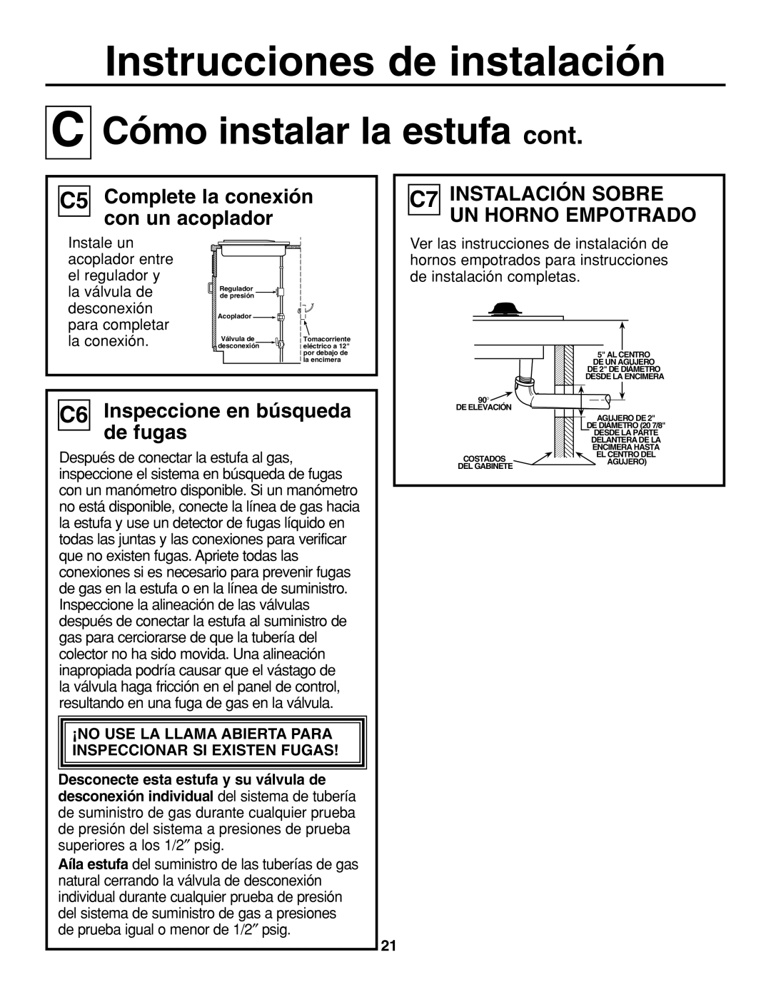 GE JGP337 operating instructions C5 Complete la conexión con un acoplador, C6 Inspeccione en búsqueda de fugas 