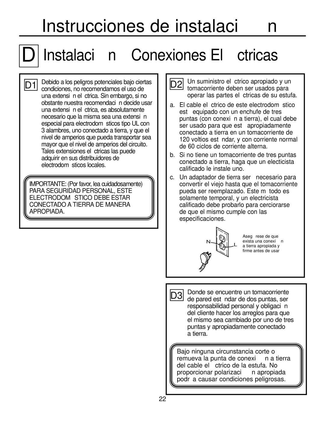 GE JGP337 operating instructions Instalación-Conexiones Eléctricas 