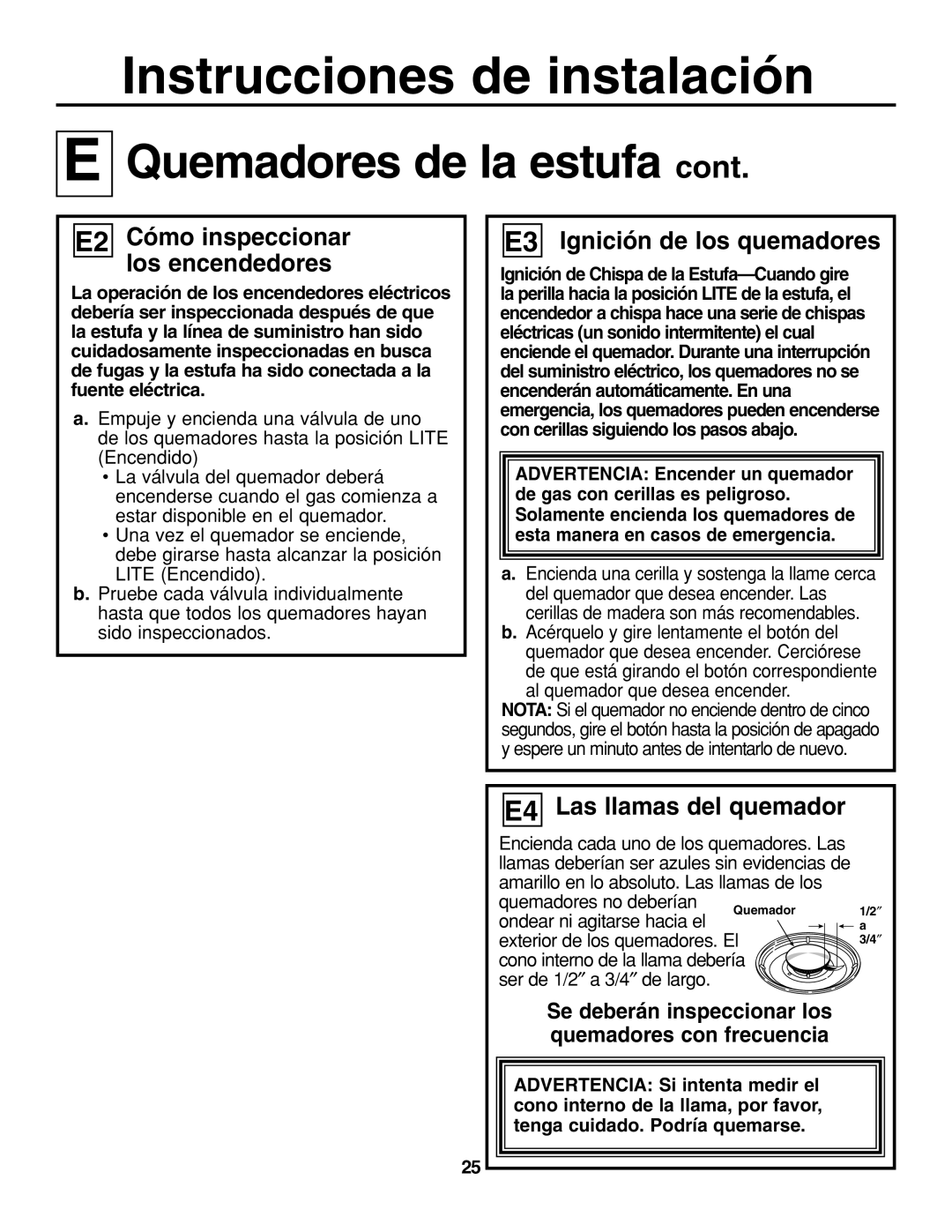 GE JGP337 E2 Cómo inspeccionar los encendedores, E3 Ignición de los quemadores, E4 Las llamas del quemador 