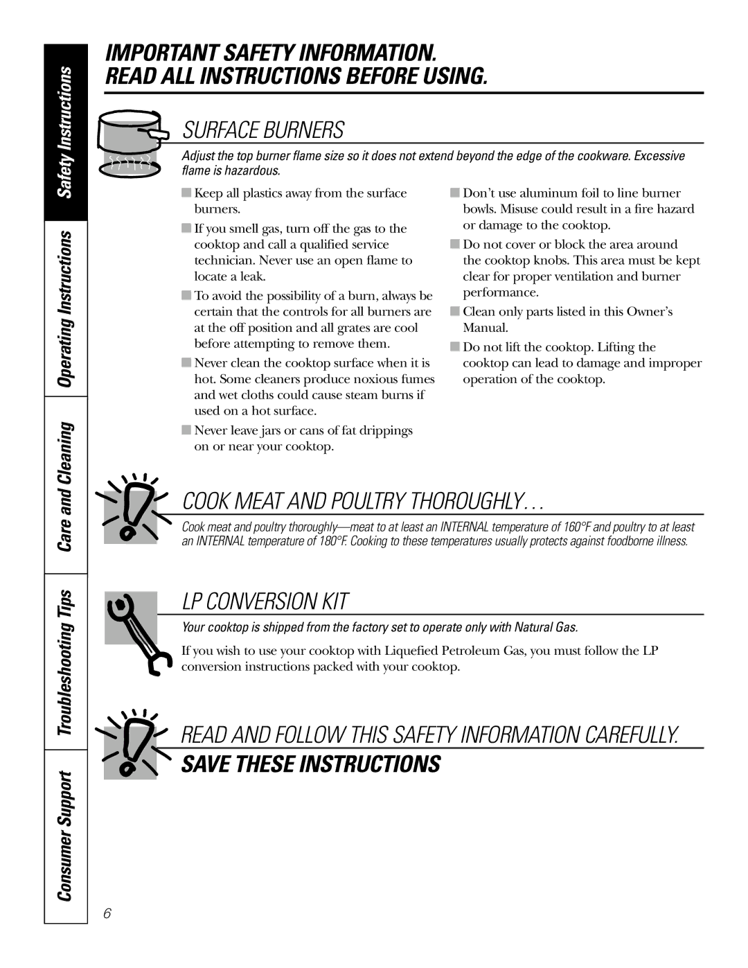 GE JGP337 operating instructions Cook Meat and Poultry THOROUGHLY…, LP Conversion KIT, Cleaning Operating Instructions 