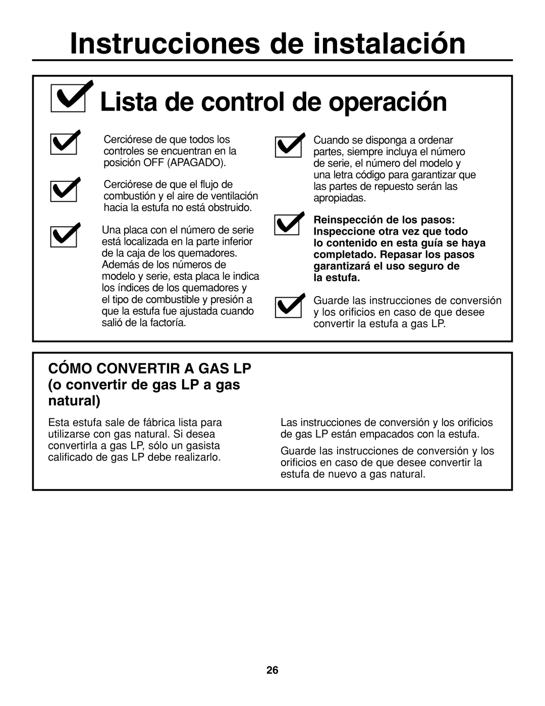 GE JGP337 operating instructions Lista de control de operación, Cómo Convertir a GAS LP o convertir de gas LP a gas natural 