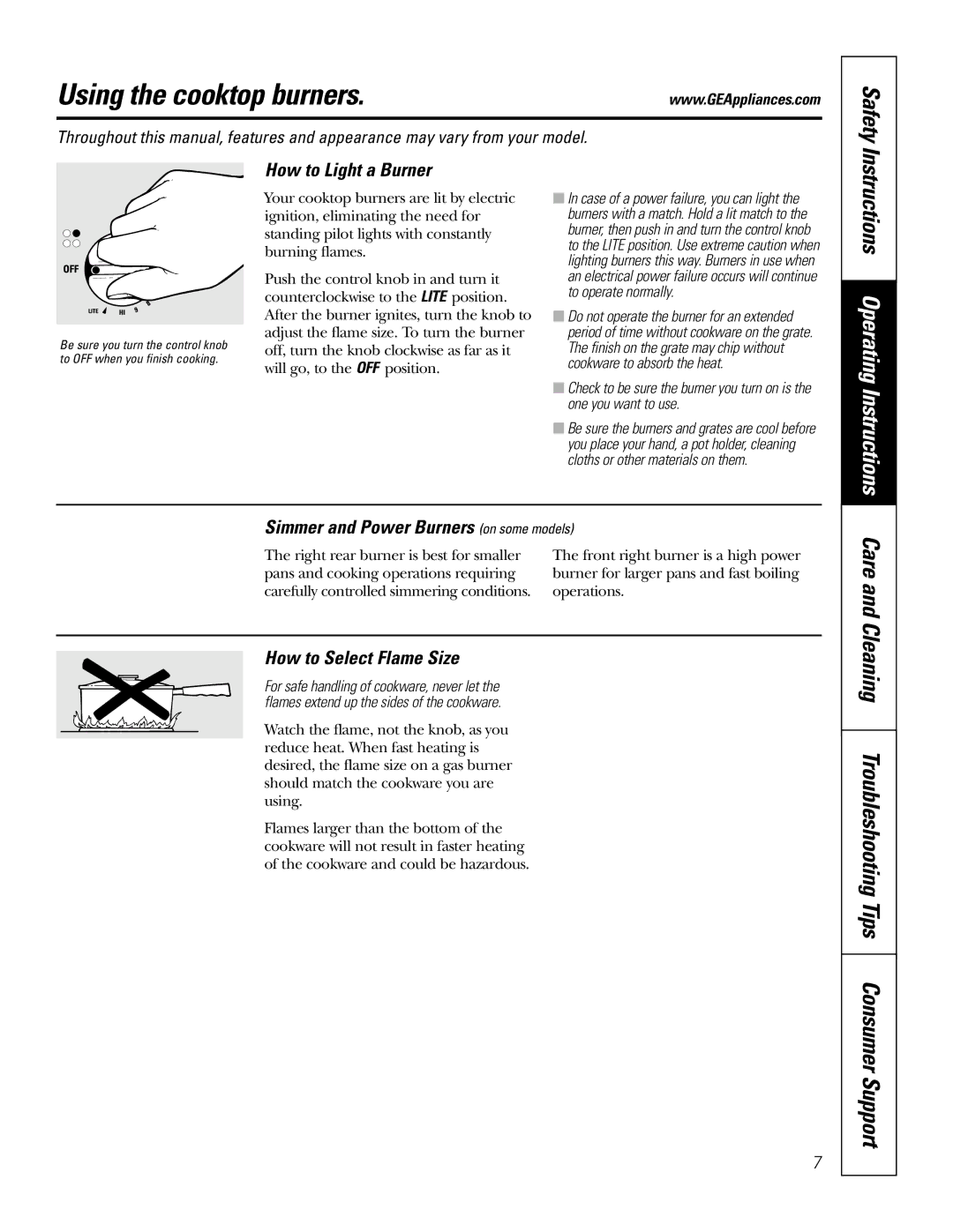 GE JGP337 operating instructions Using the cooktop burners, Safety, Care and Cleaning Troubleshooting Tips Consumer Support 