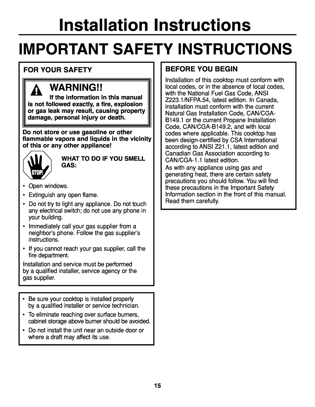 GE JGP337 Installation Instructions, Important Safety Instructions, For Your Safety, Before You Begin, Stop 