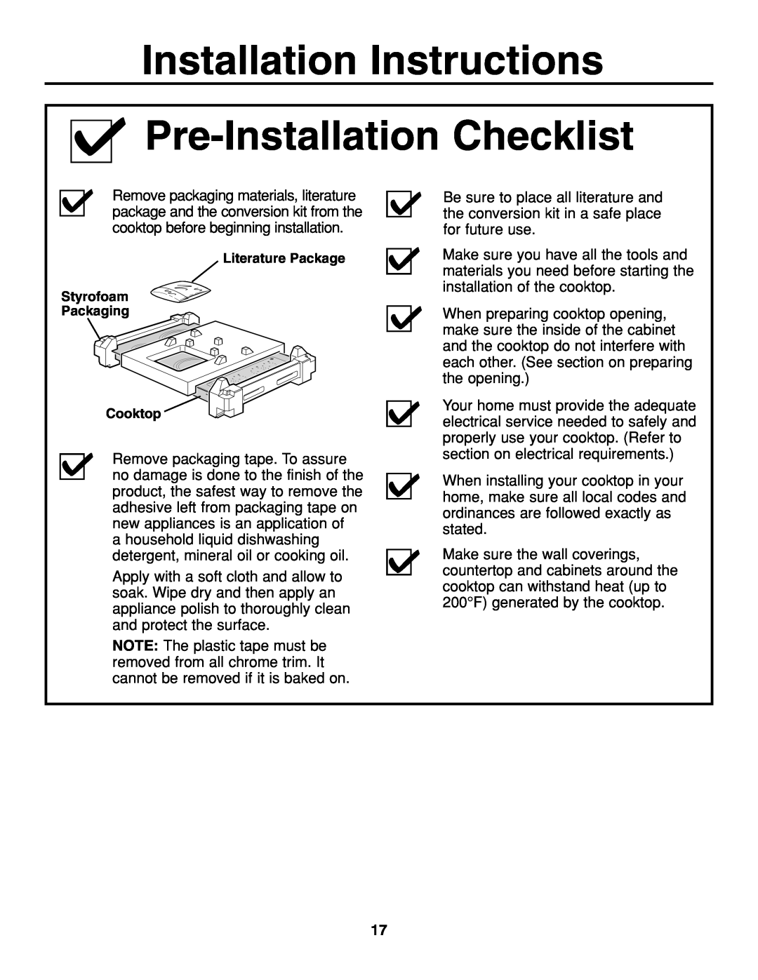 GE JGP337 operating instructions Installation Instructions Pre-Installation Checklist 