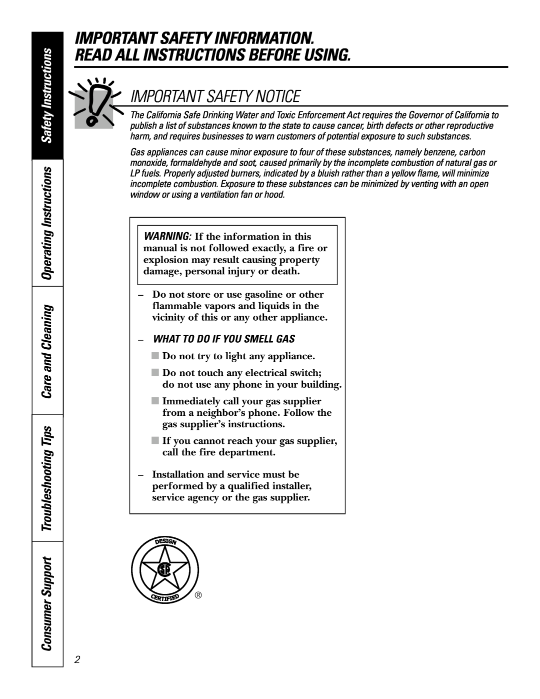 GE JGP337 operating instructions Important Safety Information Read All Instructions Before Using, Important Safety Notice 