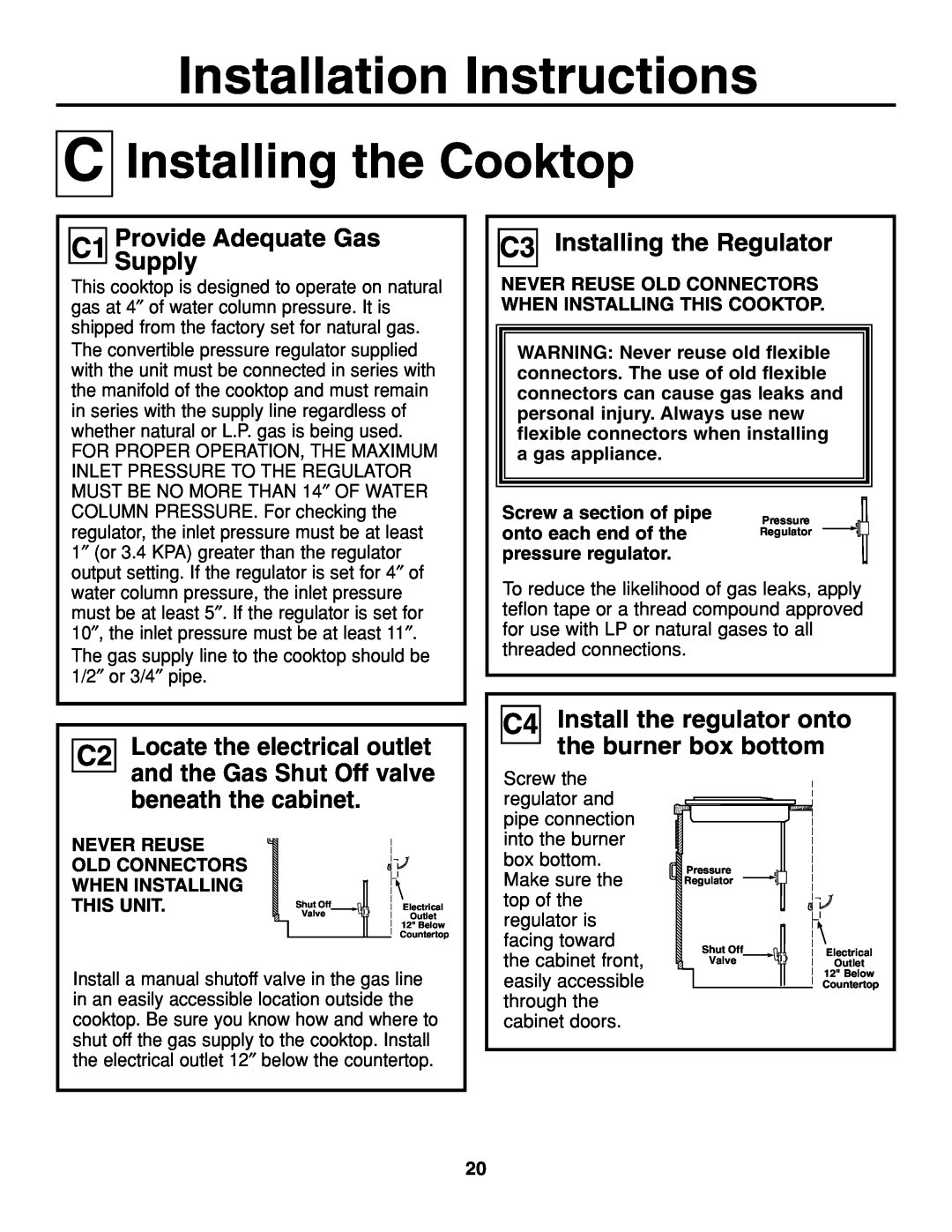 GE JGP337 C Installing the Cooktop, C1 ProvideSupply Adequate Gas, C3 Installing the Regulator, Screw a section of pipe 