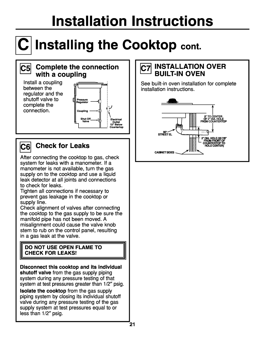 GE JGP337 Installing the Cooktop cont, C5 Complete the connection with a coupling, C7 INSTALLATION OVER BUILT-IN OVEN 