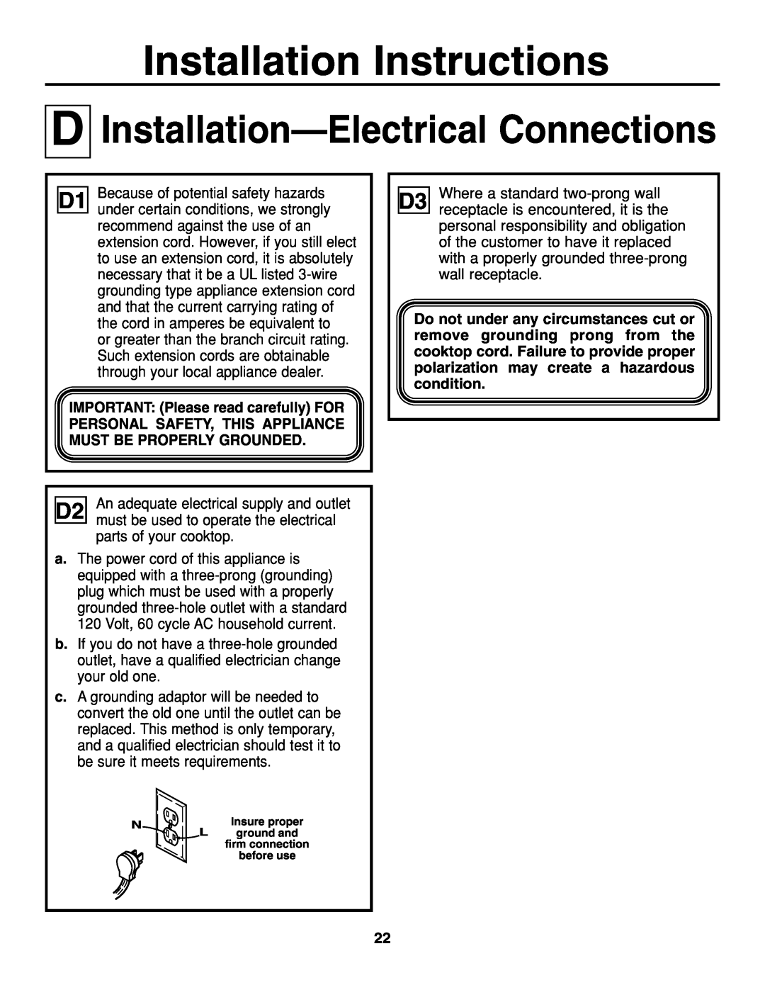 GE JGP337 operating instructions Installation-Electrical Connections, Installation Instructions 