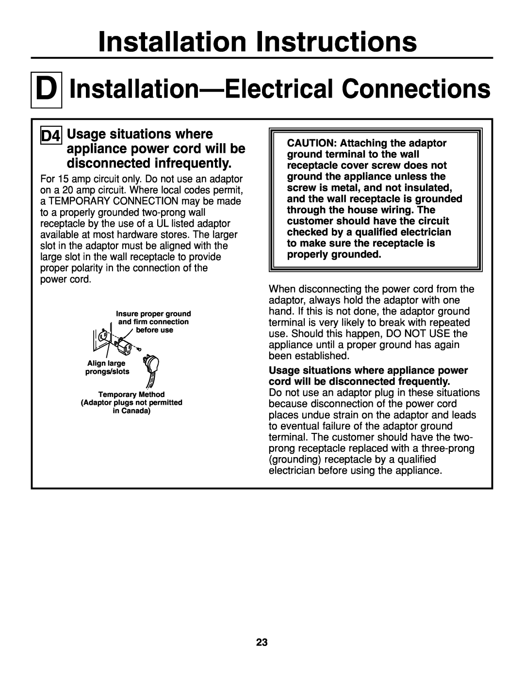 GE JGP337 operating instructions Installation Instructions, Installation-Electrical Connections, in Canada 