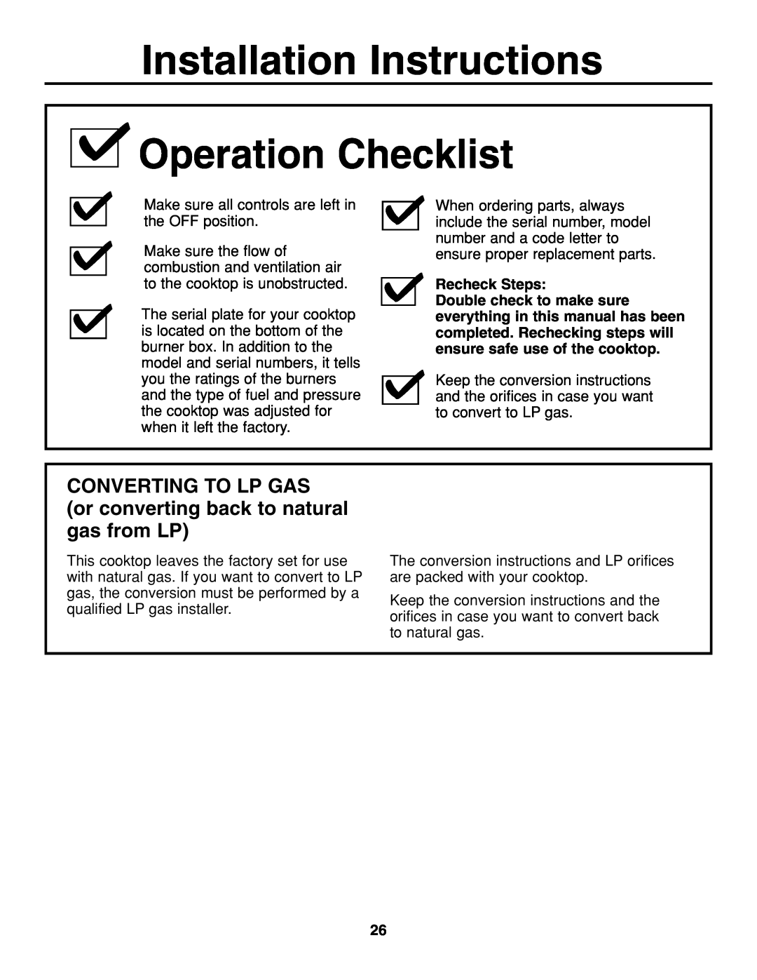 GE JGP337 Installation Instructions Operation Checklist, CONVERTING TO LP GAS or converting back to natural gas from LP 