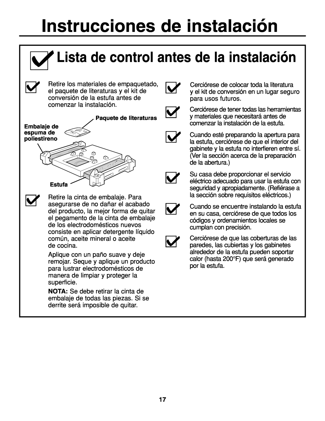 GE JGP337 operating instructions Instrucciones de instalación, Lista de control antes de la instalación 