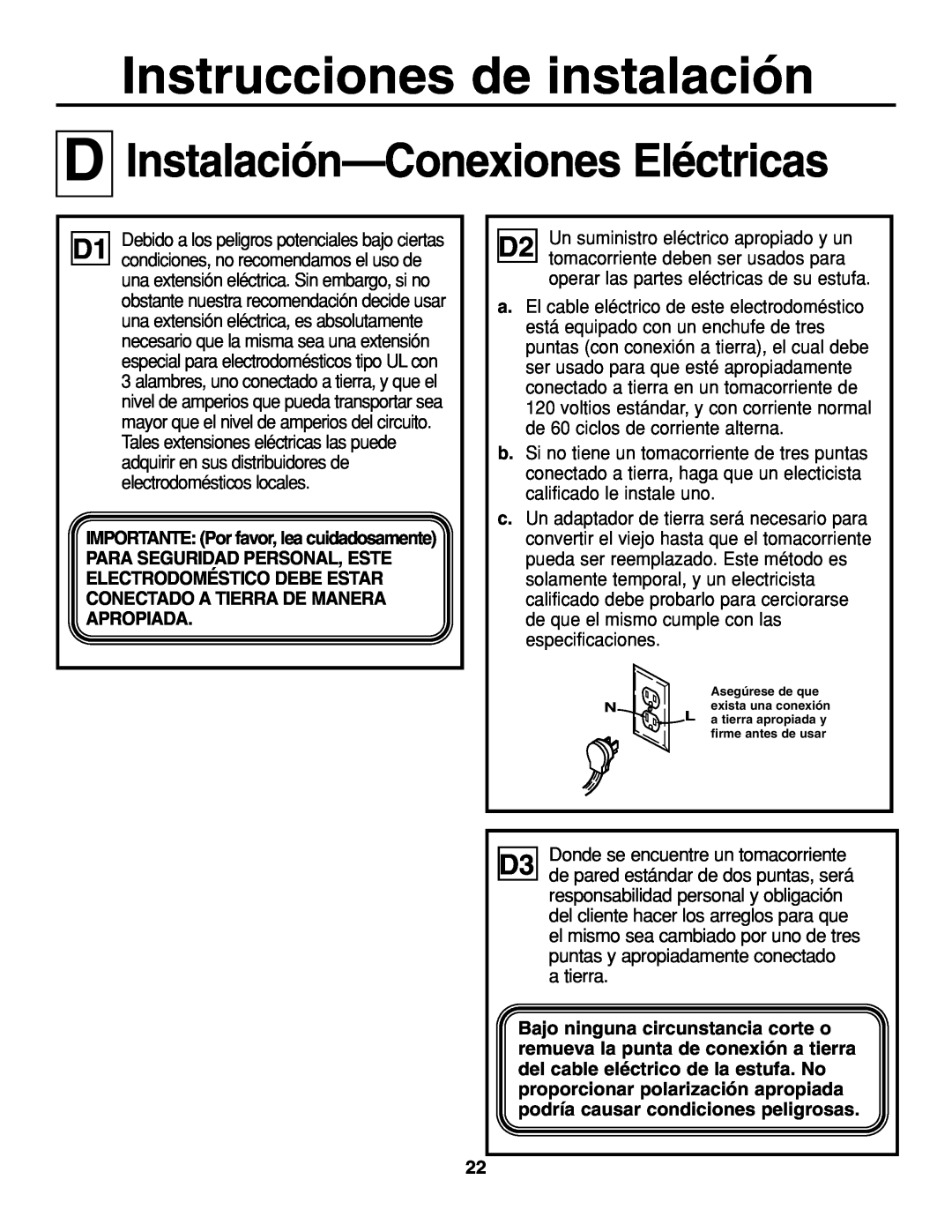 GE JGP337 operating instructions D Instalación-Conexiones Eléctricas, Instrucciones de instalación 