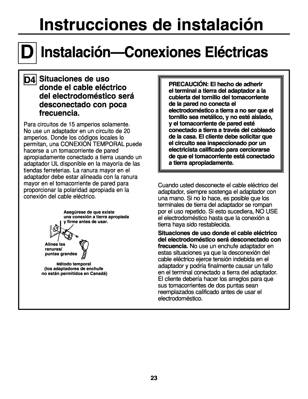 GE JGP337 operating instructions Instalación-Conexiones Eléctricas, Instrucciones de instalación, Asegúrese de que existe 