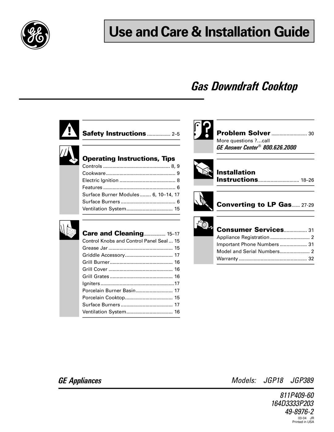 GE JGP389 installation instructions Use and Care & Installation Guide 