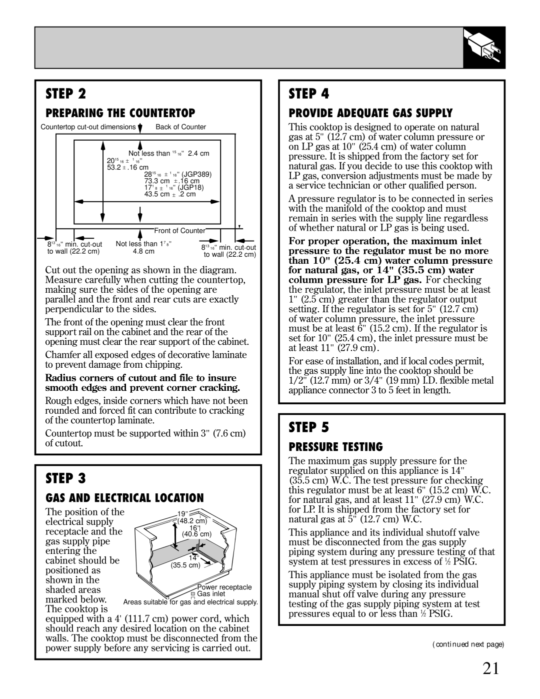 GE JGP389 Preparing the Countertop, GAS and Electrical Location, Provide Adequate GAS Supply, Pressure Testing 