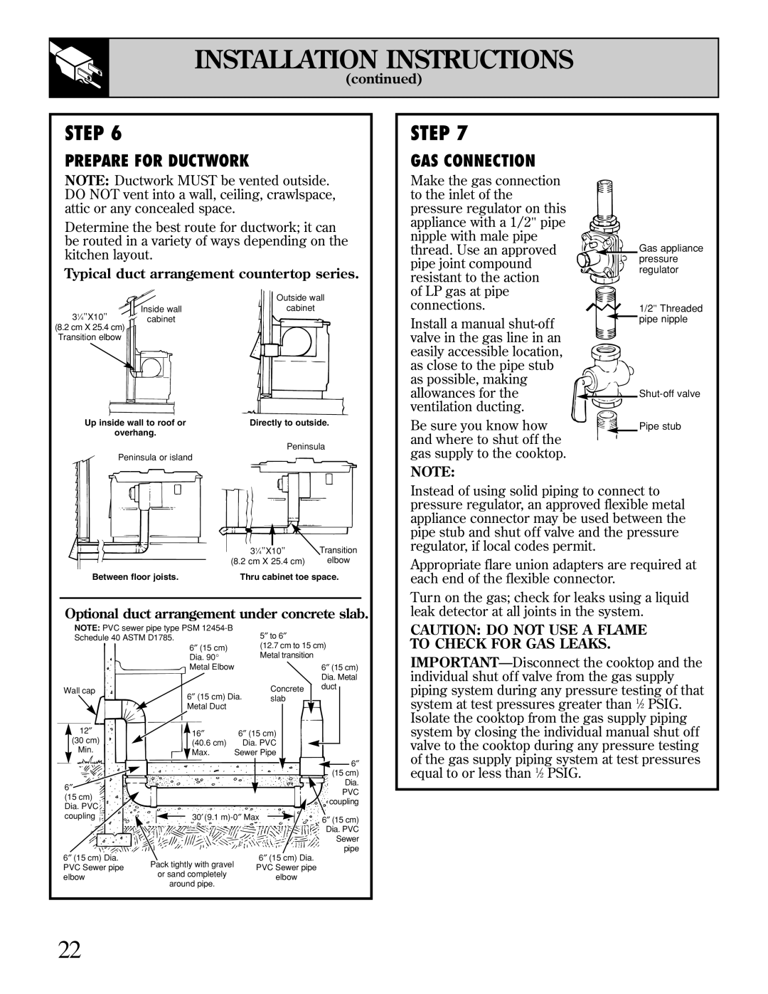 GE JGP389 installation instructions Prepare for Ductwork, GAS Connection, Typical duct arrangement countertop series 