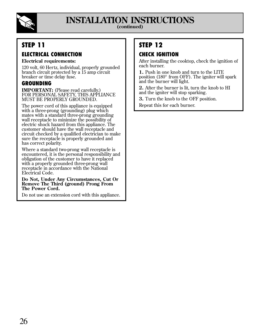 GE JGP389 installation instructions Electrical Connection, Grounding, Check Ignition, Electrical requirements 