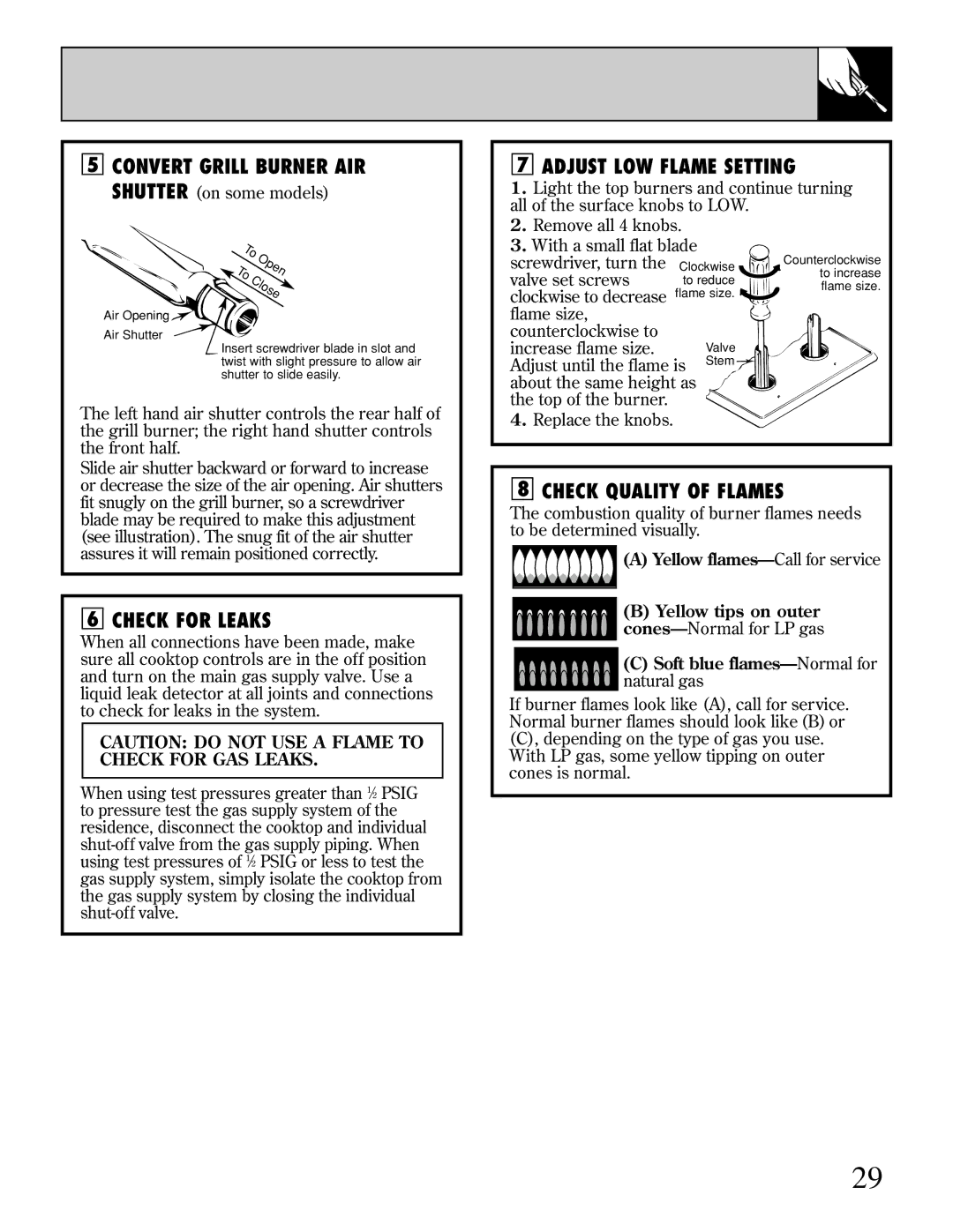 GE JGP389 installation instructions Adjust LOW Flame Setting, Check for Leaks, Check Quality of Flames 